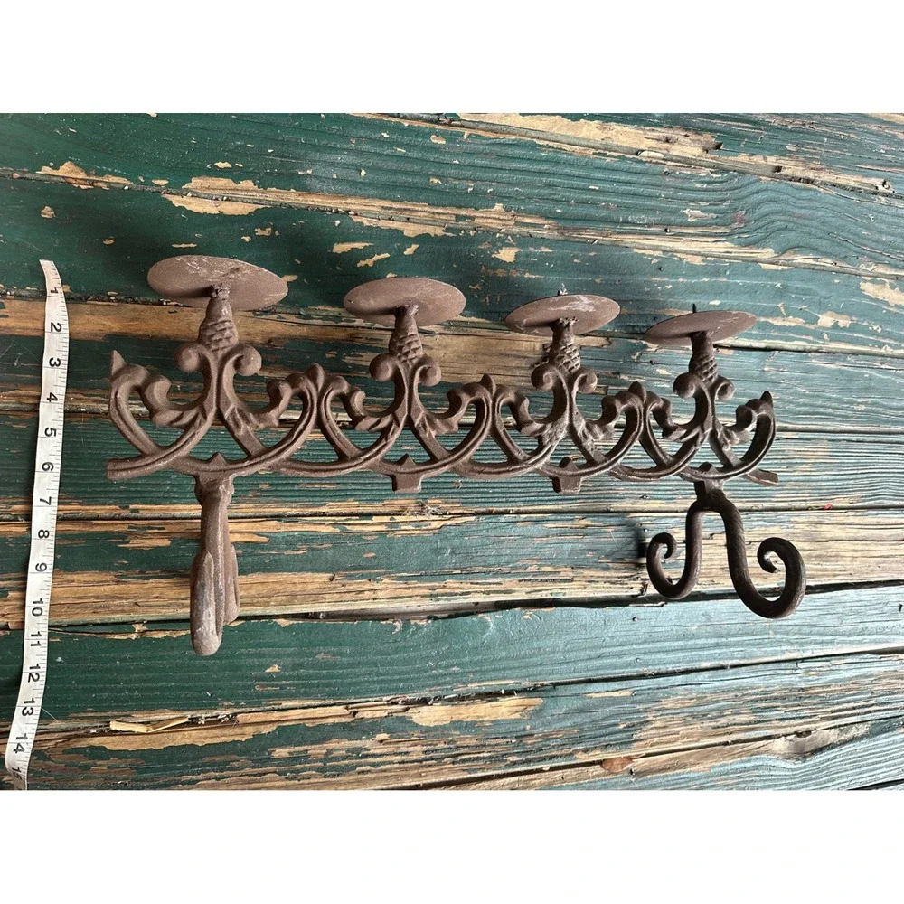 Vintage Cast Iron 4-Light Candelabra Scroll Work Rustic Brown Candle Holder 17in